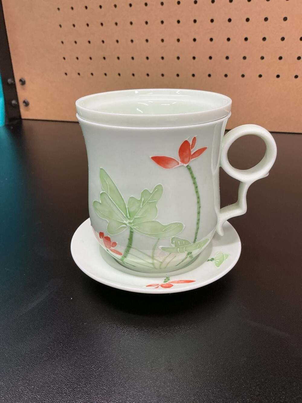 Teavana Mint Green Textured Tea Cup With Saucer And Lid Set Floral Porcelain